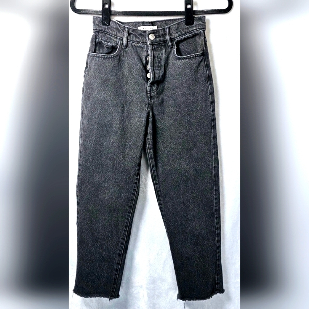 PacSun High Rise Straight Distressed Black Button Fly Jeans  Raw Hem Size 24 EUC